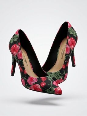 Christian Siriano Black Floral Red Rose Pointed-Toe Pumps stilleto heels
